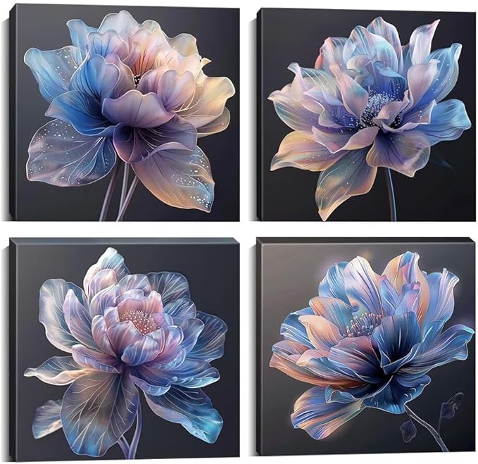 Pankila Blue Flower Wall Art for Living Room Bedroom Bathroom Floral Poster Abstract Canvas Flowers Wall Decor Life Pictures Home Decorations Framed Artwork Ready to Hang (12''W x 12''H x 4)
