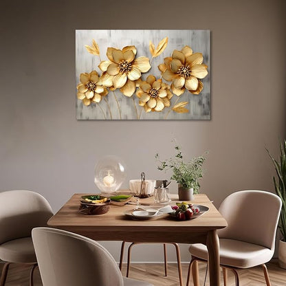 KPLUNDO Canvas Prints Wall Art Gold Flower Picture Gray Poster Landscape Painting Aesthetics Artwork Home Decor for Living Room Kitchens Decoration Gallery Wrap Ready to Hang(Art-2,16.00x24.00 inch)