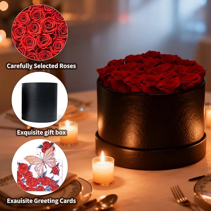 Forever Flowers Preserved Roses in Box, Preserved Flowers Gift with Customizable Greeting Card- Perfect for Women Her Christmas, Valentine’s Day, Anniversary, Birthday (1/7/9/12 Roses)