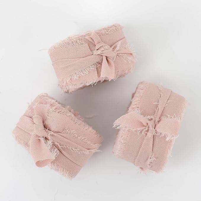 MEEDEE Dusty Rose Chiffon Ribbon 1 Inch Fringe Ribbons Dark Pink Chiffon Silk Frayed Edge Ribbon Thin Chiffon Ribbons for Crafts, Gift Wrapping, Wedding Invitation (3 Rolls 21 Yards)