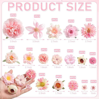 Artificial Flowers Heads Combo Pink Flowers Mix Silk Flowers Heads Faux Rose Bulk for Craft Garland Graduation Cap Wedding Bridal Baby Shower Home Party Decoration DIY Cake Decor