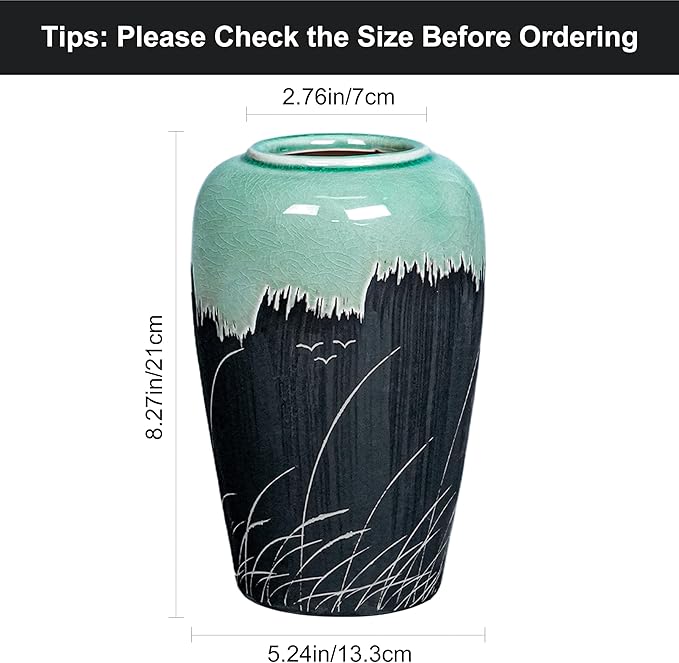 Black and Green Vase, 8 Inch Green Ceramic Vase with Textured Crackle Glaze, Modern Farmhouse Vases for Home Decor, Rustic Centerpiece for Living Room, Bathroom