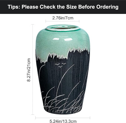 Black and Green Vase, 8 Inch Green Ceramic Vase with Textured Crackle Glaze, Modern Farmhouse Vases for Home Decor, Rustic Centerpiece for Living Room, Bathroom