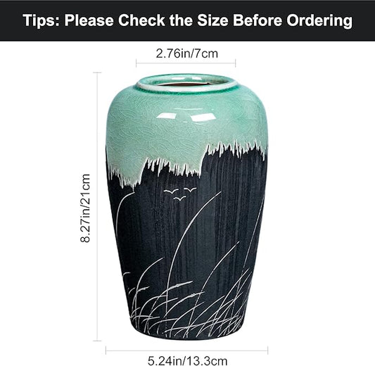 Black and Green Vase, 8 Inch Green Ceramic Vase with Textured Crackle Glaze, Modern Farmhouse Vases for Home Decor, Rustic Centerpiece for Living Room, Bathroom