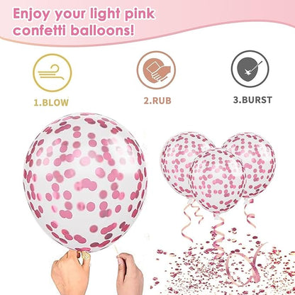 Pink Confetti Balloons Set, 50pcs 12 Inch Metallic Hot Pink Balloons, Light Pink Latex Party Balloon with Pink Ribbons for Girls Women Birthday Bridal Shower Wedding Princess Party Decorations