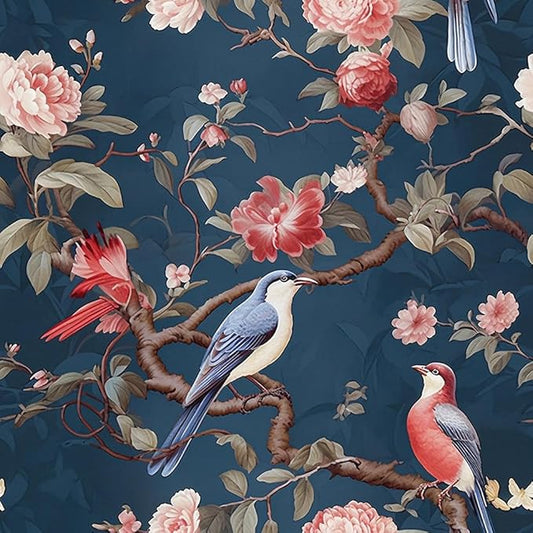 Abstract Blue Red Birds Floral Vintage Peel and Stick Wallpaper Easy Peel Off Contact Paper Stick on Adhesive Wall Paper for Bathroom Waterproof Renter Friendly