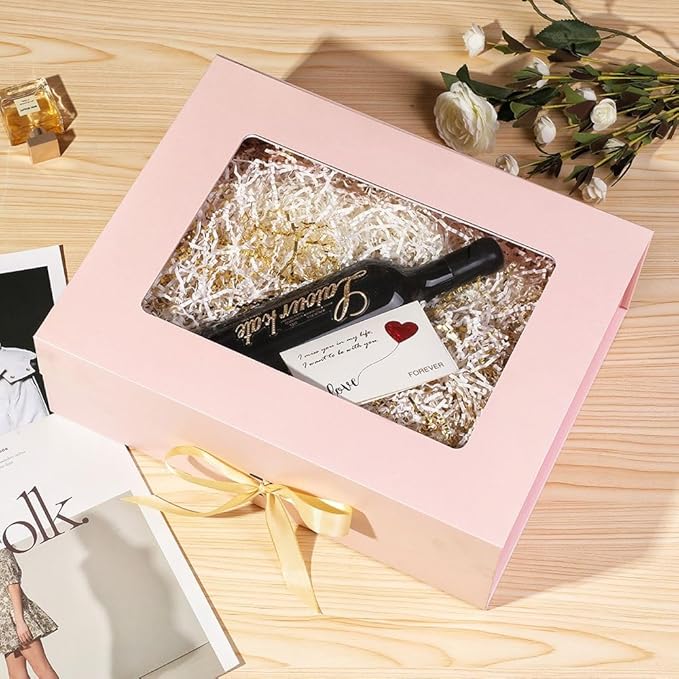 Pink Extra Large Gift Box for Presents with Ribbon 16.5x13x5.3 Inches Clear Gift Box with Window Magnetic Closure Gift Boxes with Lids
