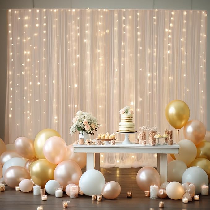 30x8ft Champagne Tulle Backdrop Curtain with Lights String for Parites, Sheer Backdrop Curtains for Wedding Baby Shower Birthday Party Photo Shoot Decorations