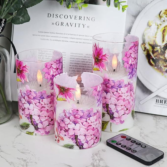 DRomance Pink Hydrangea Glass Flameless Candles with Remote Timer Battery Operated LED Pillar Candles Realistic 3D Wick Flickering Real Wax Wedding Dinner Holiday Decor Candle 3 x 4,5,6 Inches