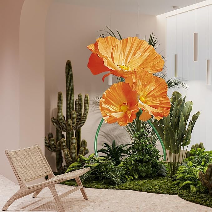 Artificial Giant Huge Flowers 3D Large Faux Floral Large Flowers Decor Adjustable Height for Wedding Birthday Party Shop Window Display Arrangement Event Decorations 3 Pack (Orange)