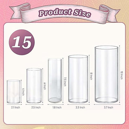 Cylinder Glass Bud Vases Set of 15 Clear Flower Vase for Centerpieces Shelf, Modern Small Vases for Living Room Bedroom Office Home, Decor for Wedding House Warming Party