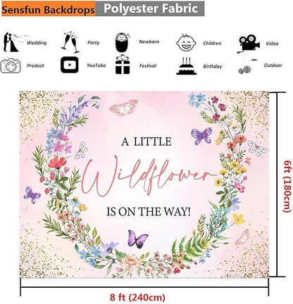 Sensfun Wildflower BabyShower Decorations,A Little Wildflower is On Way Baby Shower Backdrop Banner,Pink Wild Flowers Floral Theme Background for Girls Baby Shower Party Decor Photo Booth Props 8x6ft