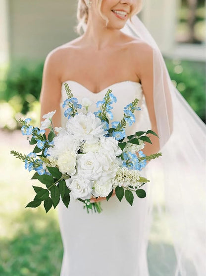 Rinlong 17.7" Wide Wedding Bouquets for Bride Baby Blue Delphinium White Bridal Bouquet for Wedding Artificial Flowers Bouquets