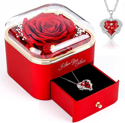 Gifts for Women Birthday, Preserved Rose with Necklace, Birthday Gifts for Mom Forever Real Rose, Large 4.3" Red Eternal Rose Gifts for Girlfriend Grandma Mom Wife Gifts for Anniversary