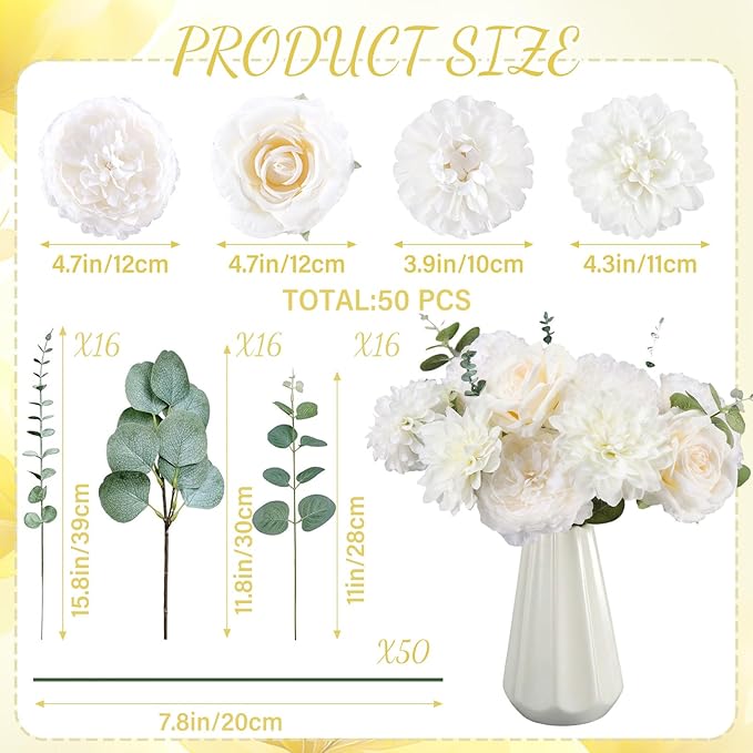 98 Pcs Assorted Faux Flowers Heads with Stem Eucalyptus Leaves Silk Artificial Flowers Bouquet Floral Table Centerpieces for DIY Wedding Party Wreath Home Decoration (White,Classic Style)