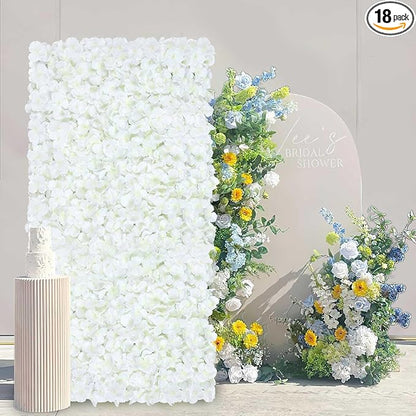 White Flower Wall Panels Backdrop with Green: Wedding Artificial Flower Wall Backdrop Hydrangea Floral Wall for Bridal Shower Party Decoration (18 Pcs 15 x 15 Inch)