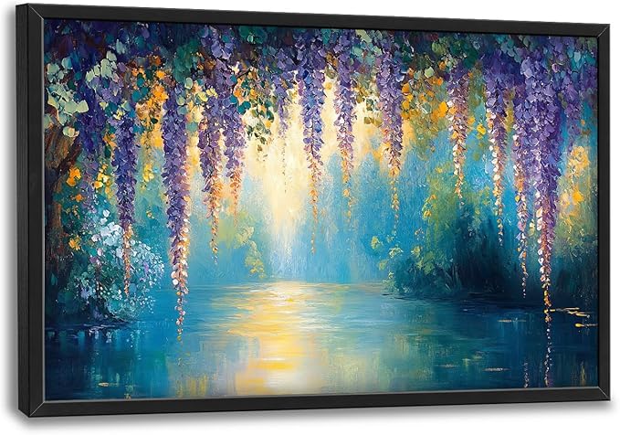 Wisteria Floral Large Wall Art Country Flower Pictures Wall Decor Lake Canvas Landscape Print Painting Modern Artwork Home Decoration for Living Room Bathroom Bedroom Office Framed 36"x24"