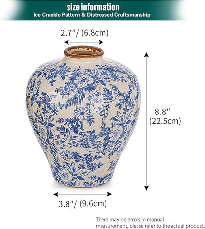Sungmor Vintage Ceramic Flower Vase - 9.4 Inch Retro Ice Cracked Glaze Chinoiserie Vase, Rustic Farmhouse Home Décor Accent for Dried Flowers, Greenery - Table Centerpieces, Shelf, Mantel Decor