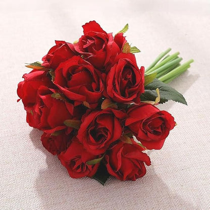 12pcs Artificial Roses Single Stem Fake Silk Flower Arrangement Bridal Bouquet Real Touch for Home Party Wedding Decoration Without Vase (Red)