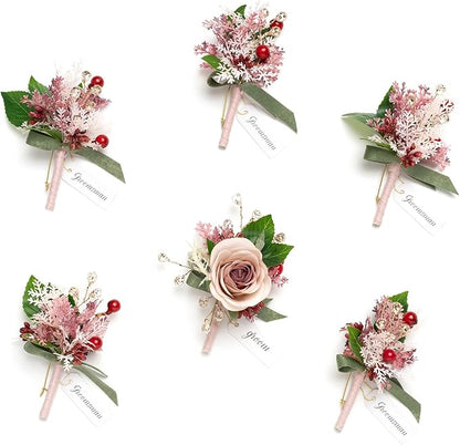 Ling's moment Boutonniere for Men, 6pcs Groom Groomsmen Boutonniere, Artificial Flowers for Wedding Decor/Prom/Homecoming, etc.Cinnamon Rose Pink