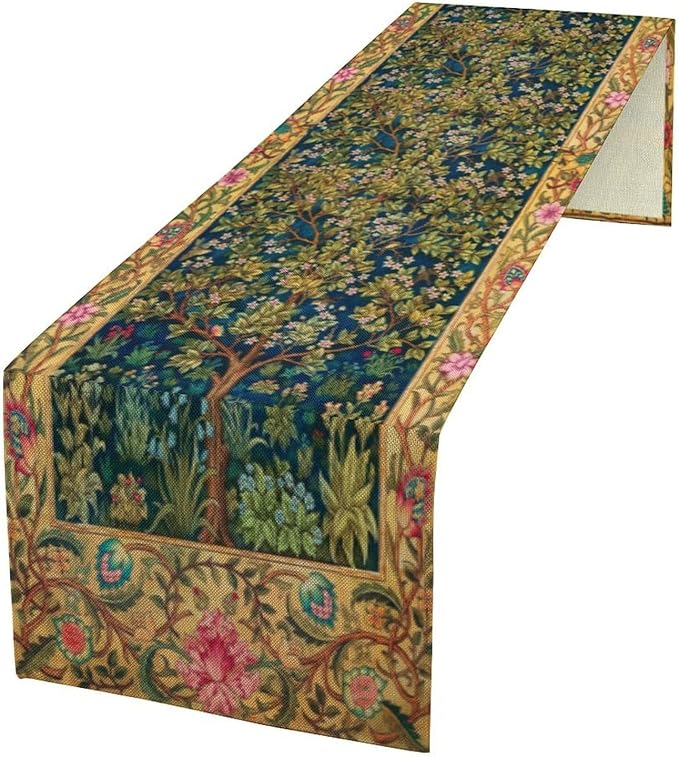 William Morris Table Runner, Boho Rustic Ethnic Tree of Life Flower Original Design Print Table Runner for Home Party Dining Room Kitchen Decor 13x120 Inch