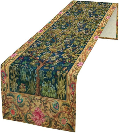 William Morris Table Runner, Boho Rustic Ethnic Tree of Life Flower Original Design Print Table Runner for Home Party Dining Room Kitchen Decor 13x70 Inch