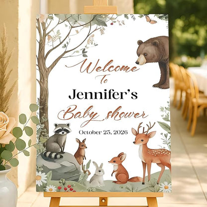 Personalized Baby Shower Welcome Sign With Stand, Forest Animal Baby Shower Yard Sign Decorations, Birthday Welcome Sign For Boy, Due Date Caledar Sign Template