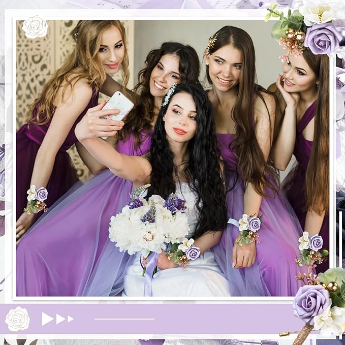 12 Pcs Wedding Wrist Corsage and Boutonniere Set Rose Wrist Corsage for Prom Boutonniere for Men Wedding Flowers Accessories Prom Suit Decorations for Wedding Ceremony (Light Purple)