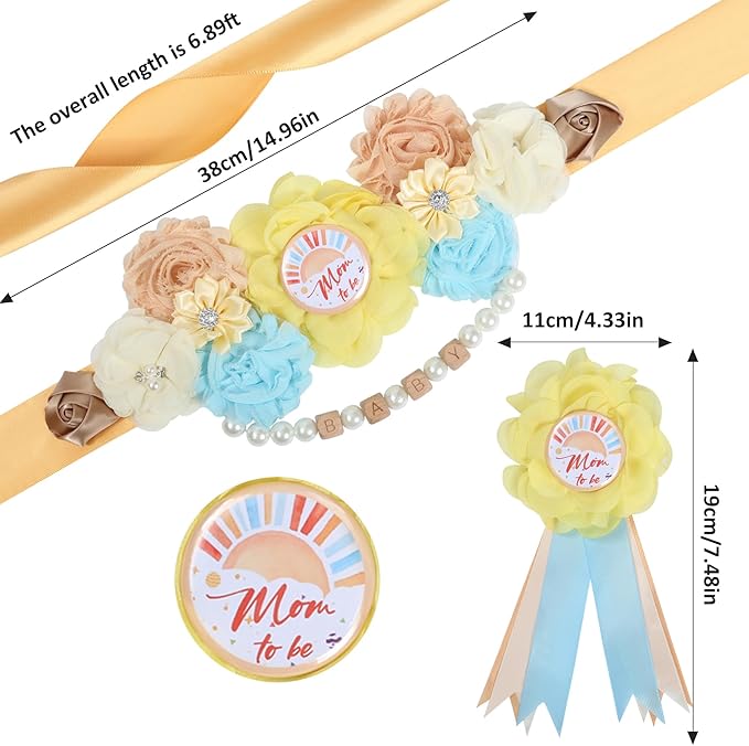 INSYOHO Here Comes the Son Baby Shower Decorations - Adjustable Cartoon Bear Theme Maternity Belt with White Flowers Baby Shower Decorations, Gender Reveal Party Supplies for Mom to Be