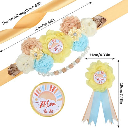 INSYOHO Here Comes the Son Baby Shower Decorations - Adjustable Cartoon Bear Theme Maternity Belt with White Flowers Baby Shower Decorations, Gender Reveal Party Supplies for Mom to Be
