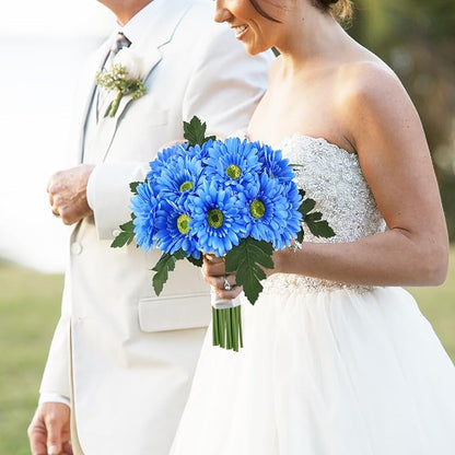 IPOPU 2 Bundles Artificial Gerbera Daisy Flowers 14 Heads Blue Fake Daisy with Stems Faux Silk Daisy Flowers for Wedding Bridal Bouquet Party Floral Arrangements Table Centerpiece Decor (Blue)
