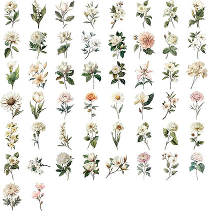 50 Pcs Vintage Flower Stickers,Waterproof PET Sticker Self-Aesthetic Floral Decoration for Journaling, Laptop, Guitar, Phone Case DIY Scrapbooking