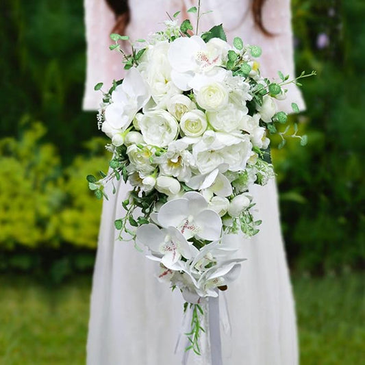 Wedding Cascading Bridal Bouquet, White Phalaenopsis Water Drop Waterfall Bridal Bouquet Artificial Flowers Roses Bride Bouquet for Wedding Party Bridal Shower Church Home Decoration