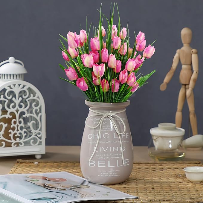 8 Bundles Outdoor Artificial Tulips Fake Flowers UV Resistant Faux Plastic Greenery Shrubs Plants for Home Outside Garden Porch Window Farmhouse Decor (Light Pink)