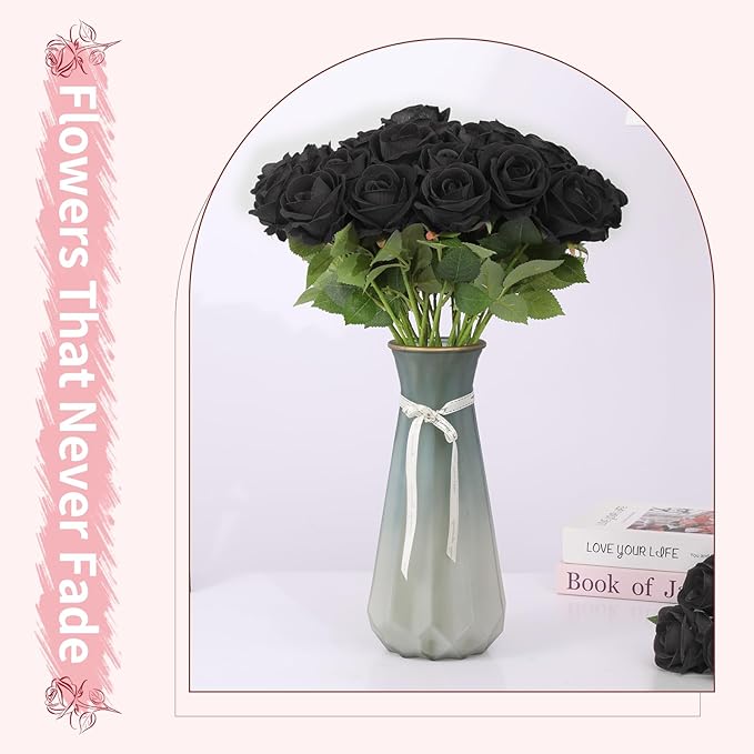 6 PCS Black Roses Artificial Flowers, Fake Roses Bouquet, Artificial Black Rose with Stems for Wedding Flowers Decoration, Valentines Day Mothers Day, Bridal Bouquet Rose