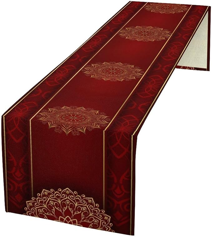 Luxurious Bohemian Table Runner, Red Gold Mandala Floral Boho Decor Table Runner for Kitchen Dining Festive Holiday Party Wedding Gathering, 13x60 Inch