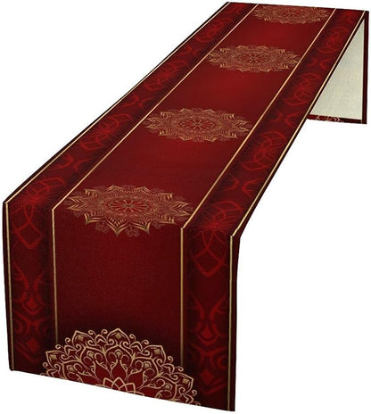 Luxurious Bohemian Table Runner, Red Gold Mandala Floral Boho Decor Table Runner for Kitchen Dining Festive Holiday Party Wedding Gathering, 13x70 Inch