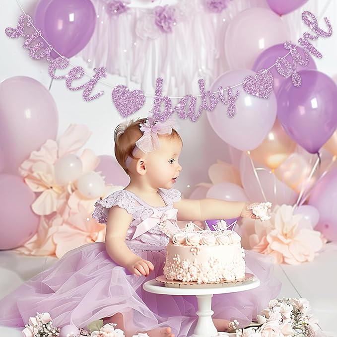 BEISHIDA Light Purple Glitter Girl Baby Banner,NO DIY, Pre-Strung Baby Gender Party Banner For Girls, Girls Shower Decorations,First Birthday Sweet party supplies