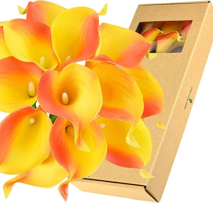 FiveSeasonStuff Real Touch Calla Lily Artificial Flowers Wedding Bridal Bouquet | Floral Arrangements | 15 Calla Lilies (Sunset Orange)
