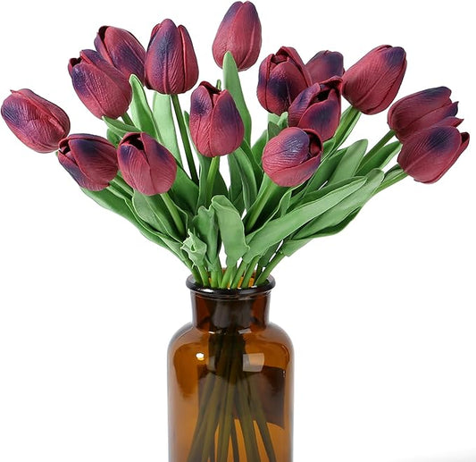 SITUMEIZI 15pcs Tulips Fake Burgundy Artificial Flowers Real Touch 14" Silk Flower for Home Decor Easter Spring Wedding Bouquet Decorations Mother's Gift Day Floral Arrangements