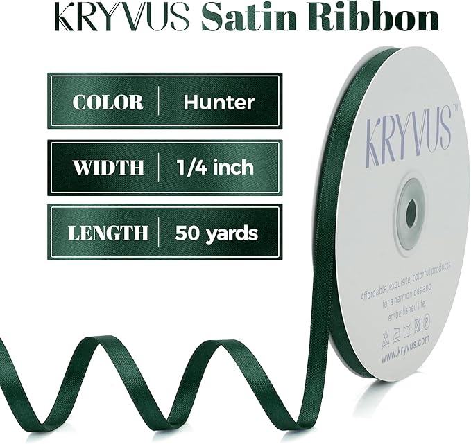 Hunter Green Satin Ribbon, Double Faced 1/4 Inch X 50 Yards Hunter Green Ribbon, Premium Satin Ribbon for Gift Wrapping, Crafts, Hair Bow Making, Sewing, Flower Bouquet, Wedding Party Decor