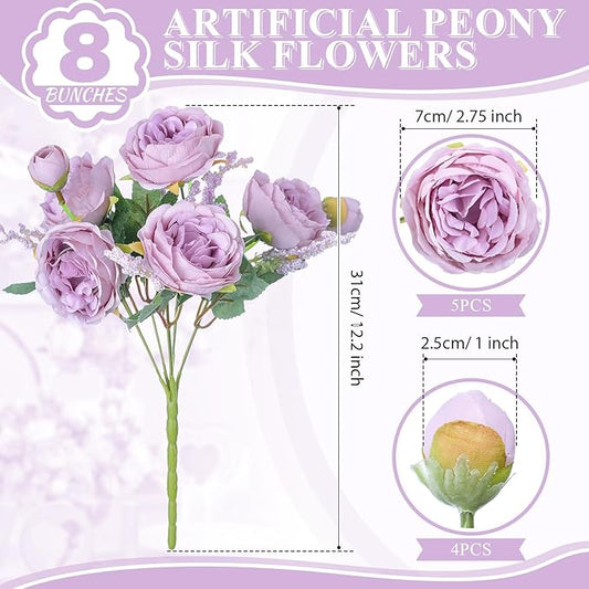 8 Bundles Artificial Peonies Flowers Boho Faux Flowers Arrangements Artificial Centerpiece Spring Bouquet Floral Wedding Decoration for Vase(Light Purple)