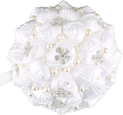 Handmade Wedding Flowers Bridal Bouquets Crystal Bride Holding Bouquet White Ivory Satin Roses with Diamond Pearl Ribbon.(allwhite)