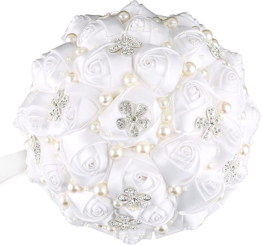 Handmade Wedding Flowers Bridal Bouquets Crystal Bride Holding Bouquet White Ivory Satin Roses with Diamond Pearl Ribbon.(allwhite)