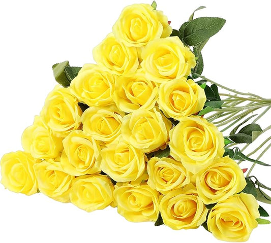 Hotop 20 Pcs Artificial Rose Flowers with Long Stem,Real Touch Silk Realistic Plastic Bouquet Roses Bulk for Home Decor Bridal Wedding Party Table Centerpieces Decorations(Yellow)