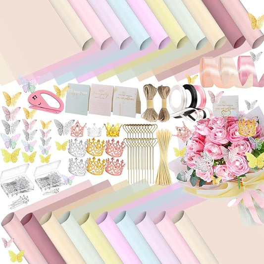 DNSGOOR 548Pcs Flower Wrapping Paper Kit with 200Sheets Waterproof Bouquet Wrapping Paper Decor Crowns 3D Butterfly Bouquet Pins Ribbons for Valentines Graduation Birthday Home Party