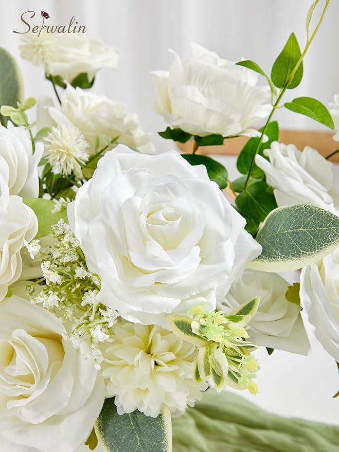 Serwalin Artificial Flowers Bridal Bouquets Realistic Fake Silk Foam Flowers Wedding White Peonies Roses DIY Centerpieces Corsage Boutonniere Home Decoration Party Arrangement Baby Shower