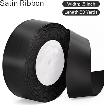 Black Ribbon 1-1/2 inch Satin Fabric Solid Ribbon 50 Yards for Gift Wrapping Flower Bouquet Wreath Wedding Halloween Party Decoration