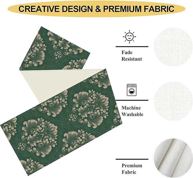 Vintage Damask Table Runner, Green Classical Luxury Old Fashioned Damask Royal Victorian Floral Print Table Center Decor for Family Kitchen Table Decorations Indoor Outdoor 13x108 inch