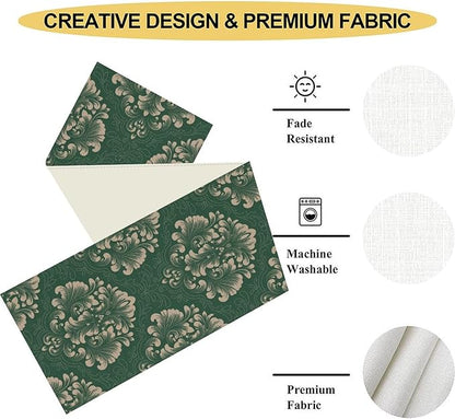 Vintage Damask Table Runner, Green Classical Luxury Old Fashioned Damask Royal Victorian Floral Print Table Center Decor for Family Kitchen Table Decorations Indoor Outdoor 13x72 inch